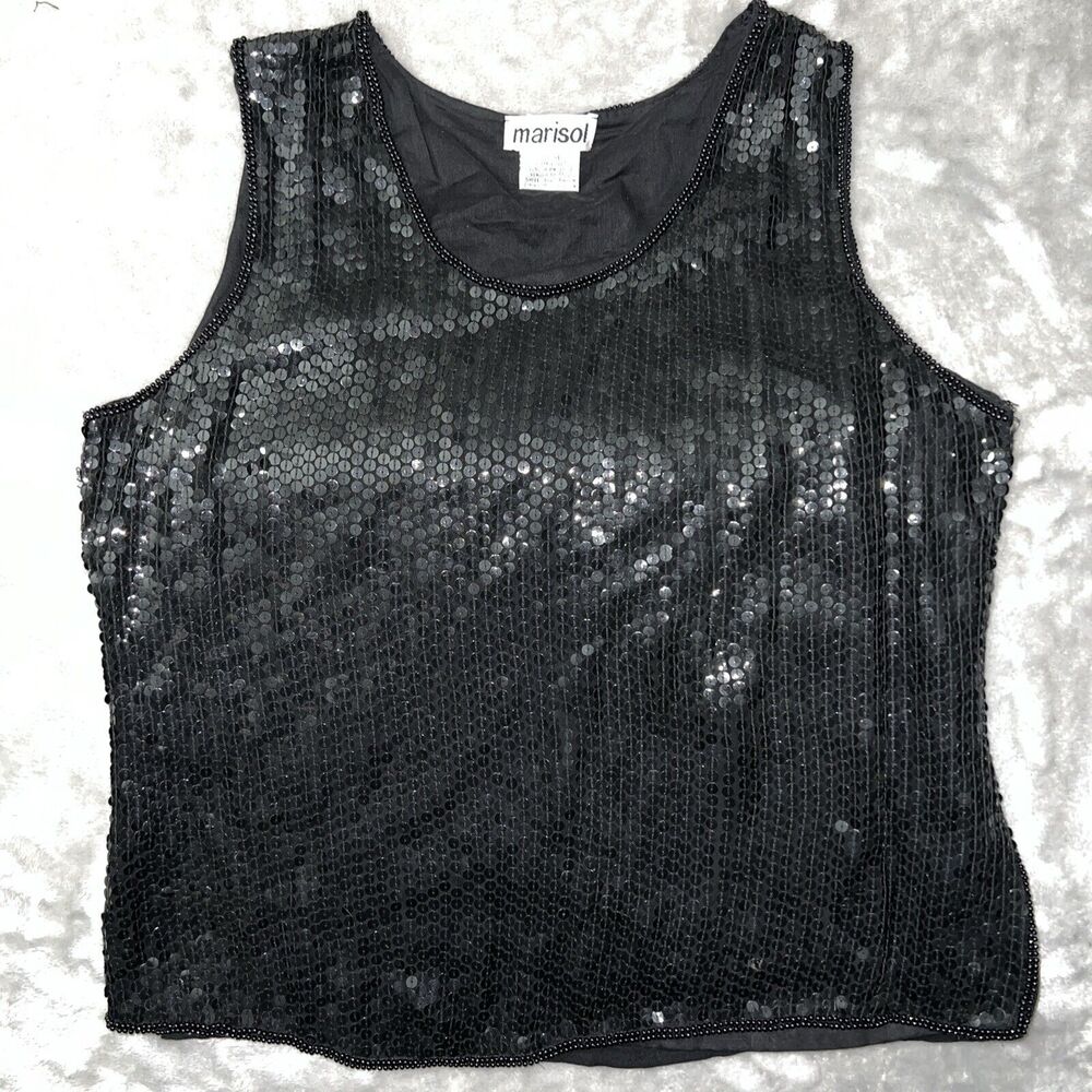 Marisol Vintage 80s Womens XL Tank Sequin Covered Layer’d Bead Trim Stretch